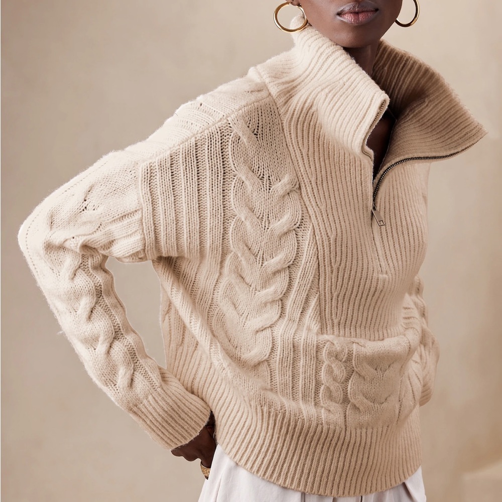 Banana Republic Camel Brown Cable-Knit Half-Zip Sweater - Picture 4 of 6